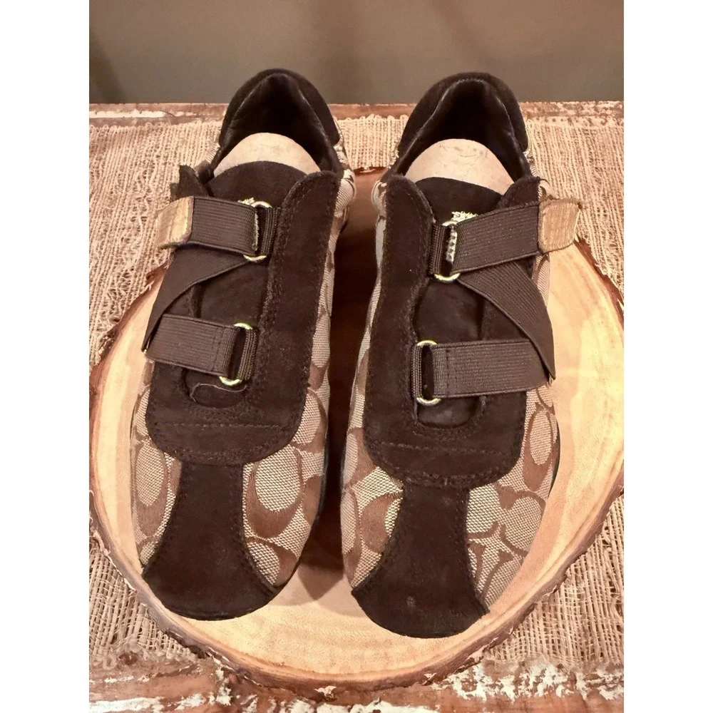 Coach Kyrie Signature Logo Canvas Suede Athletic Sneaker Women's 6.5M Brown Gold